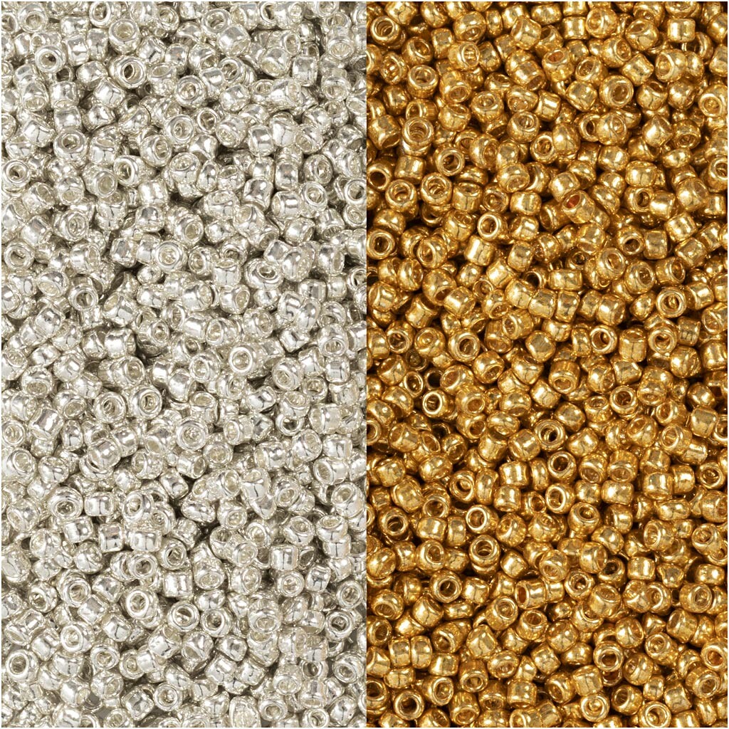 Rocaipärlor, Dia. 1,7 mm, stl. 15/0 , Hålstl. 0,5-0,8 mm, guld, silver, 2x7 g/ 1 förp.