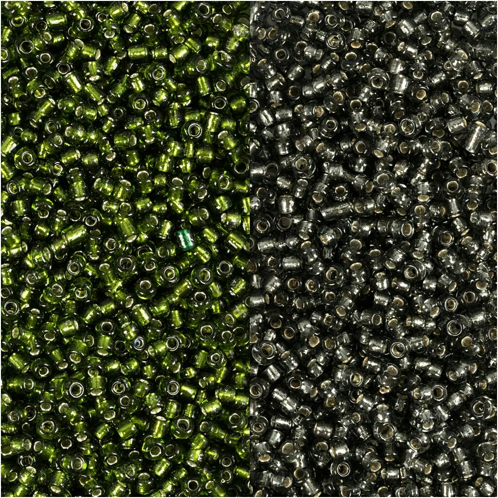 Rocaipärlor, Dia. 1,7 mm, stl. 15/0 , Hålstl. 0,5-0,8 mm, gräsgrön, grågrön, 2x7 g/ 1 förp.