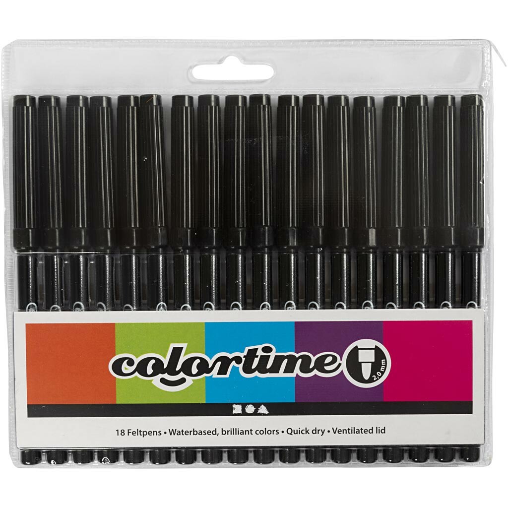 Colortime tuschpennor, spets 2 mm, svart, 18 st./ 1 förp.