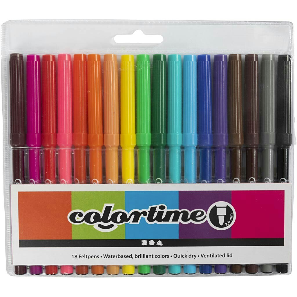 Colortime tuschpennor, spets 2 mm, mixade färger, 18 st./ 1 förp.