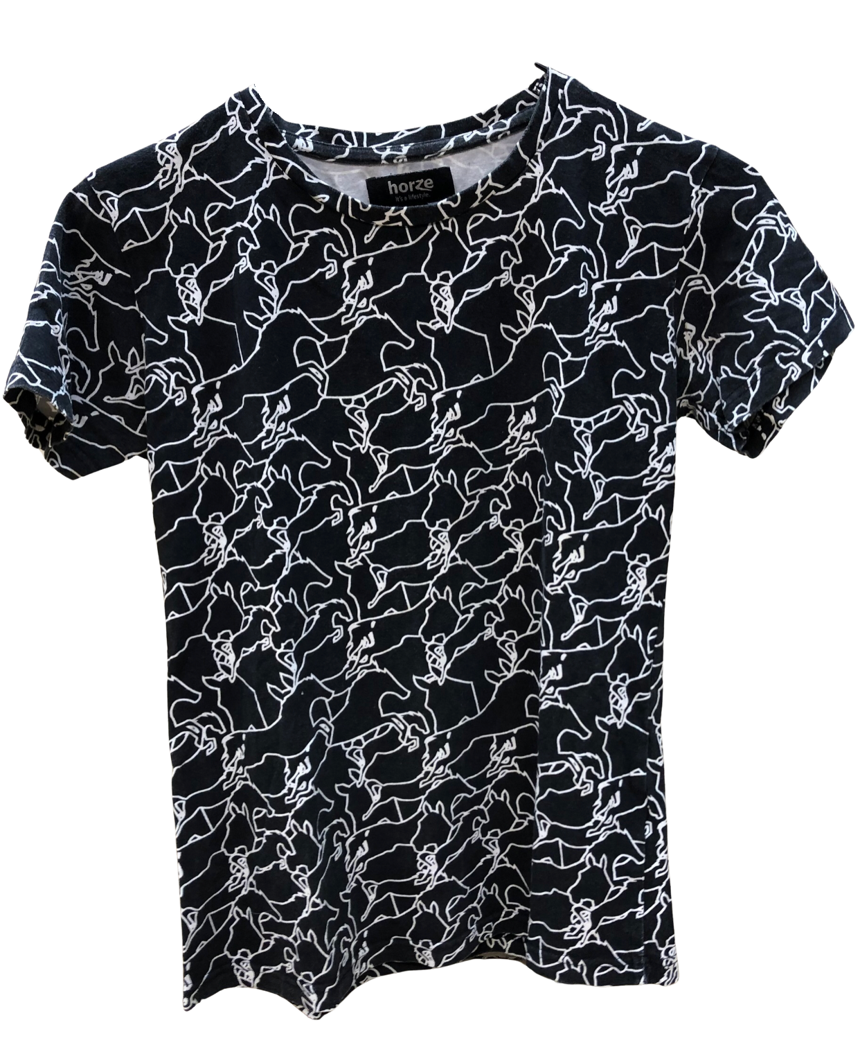 Horze t-shirt, svart med hästmönster stl 34