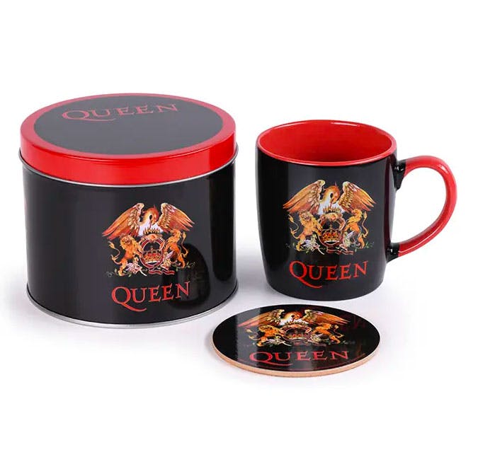 Queen Freddie Mercury Brian May John Deacon Roger Taylor glam rock radio gaga underlägg bohemian Rhapsody plåtburk kaffe te choklad rast