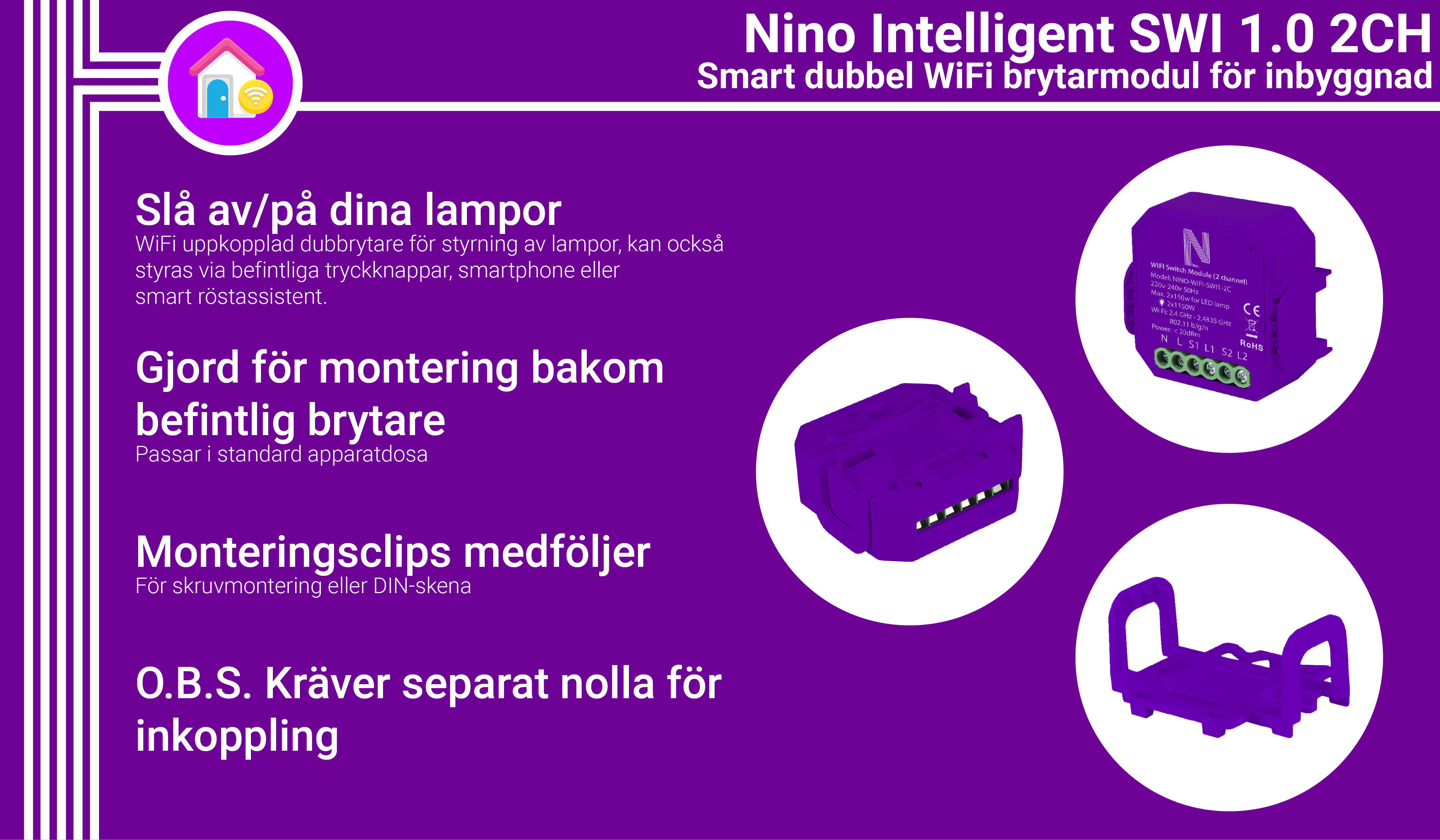 Nino Intelligent SWI 1.0 2CH, WiFi Smart dubbel brytarmodul