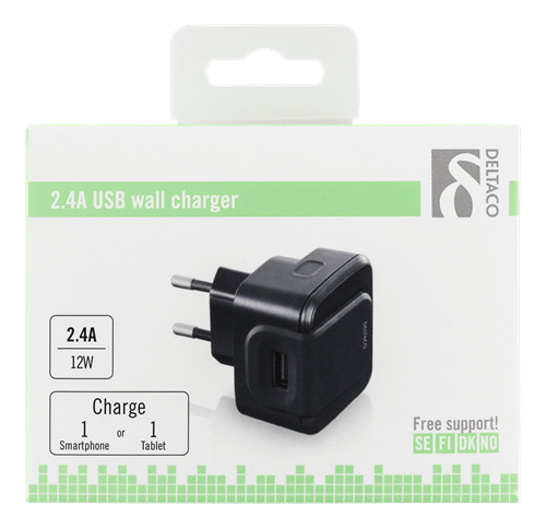 Deltaco USB-AC146 Väggladdare 240 till 5V USB, 2.4A , 100-240V AC, 1x USB-port, svart