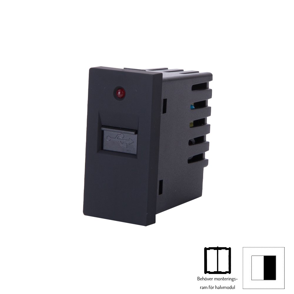 Nino Switch&Socket halvmodul, USB-A hona 1.1A uttag m. LED-indikator samt brytare av/på, svart, passar ALUM/GLAS/POLY