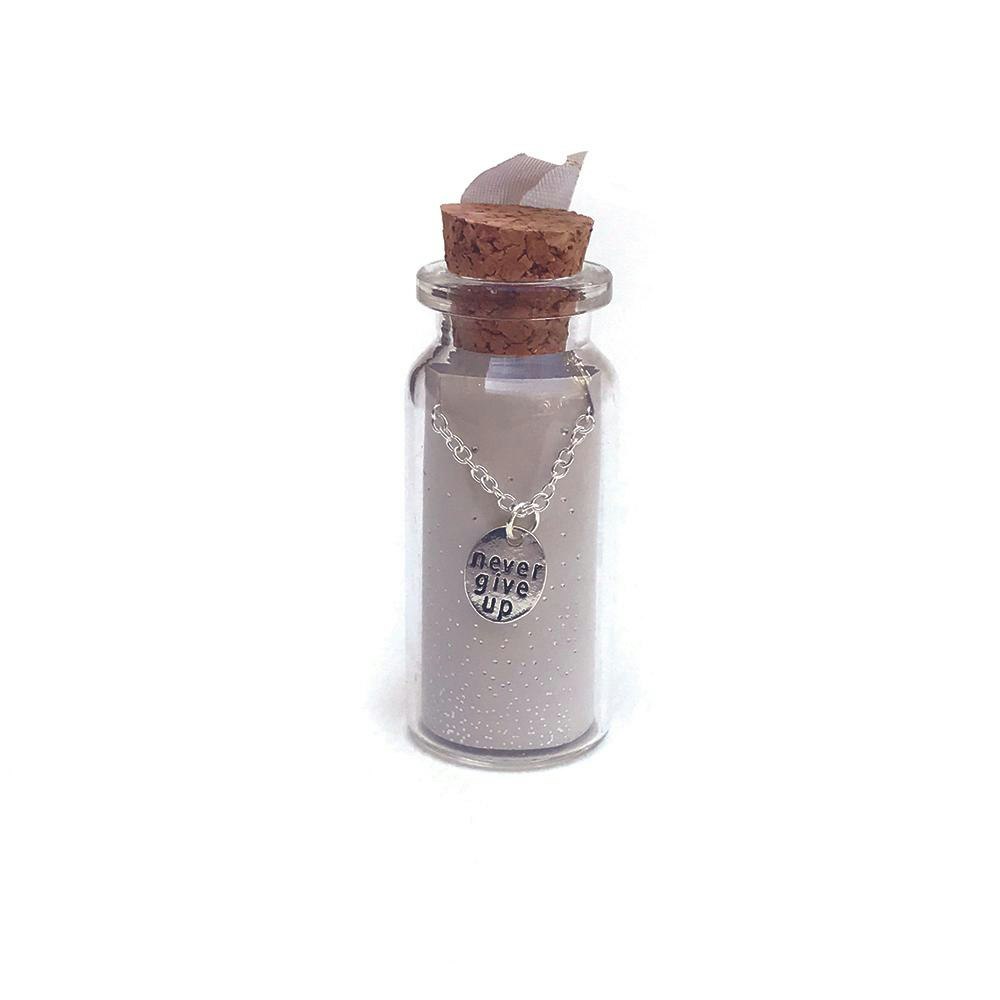 Lucky Feather - Message in a Bottle Necklace - "Never give up"