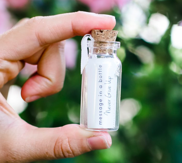 Lucky Feather - Message in a Bottle Necklace - "Never give up"