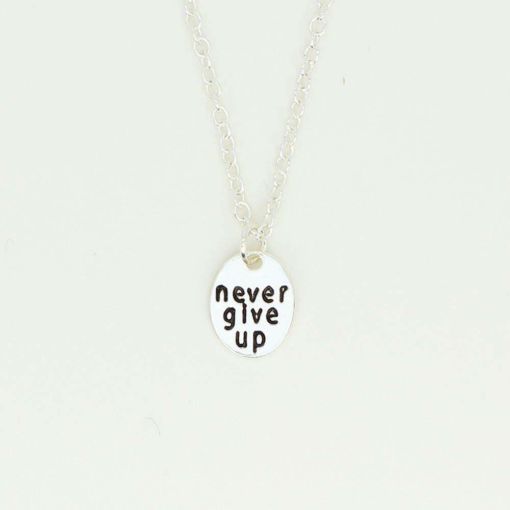 Lucky Feather - Message in a Bottle Necklace - "Never give up"