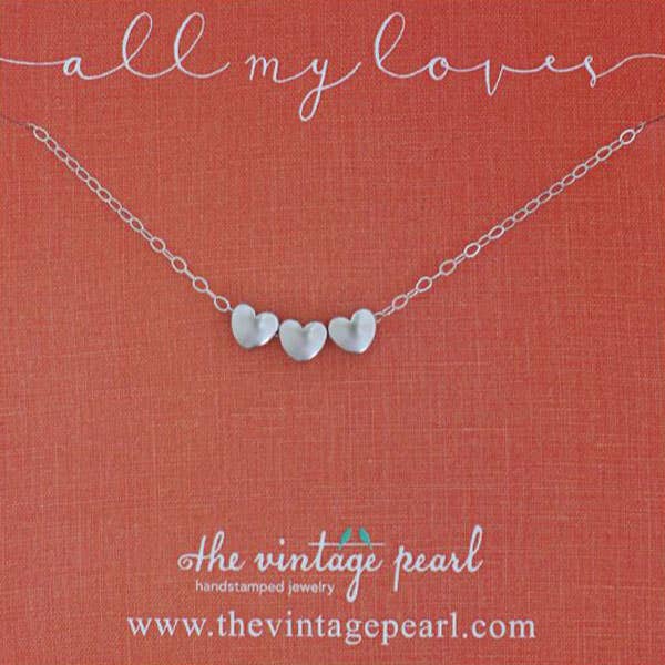 The Vintage Pearl - "All My Loves Gold Necklace" - 3 Hearts - Silver