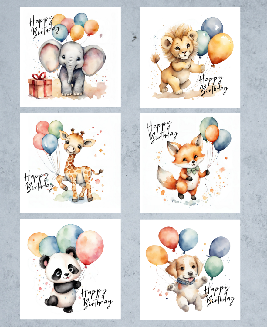 6pk Birthday Cards - Animals