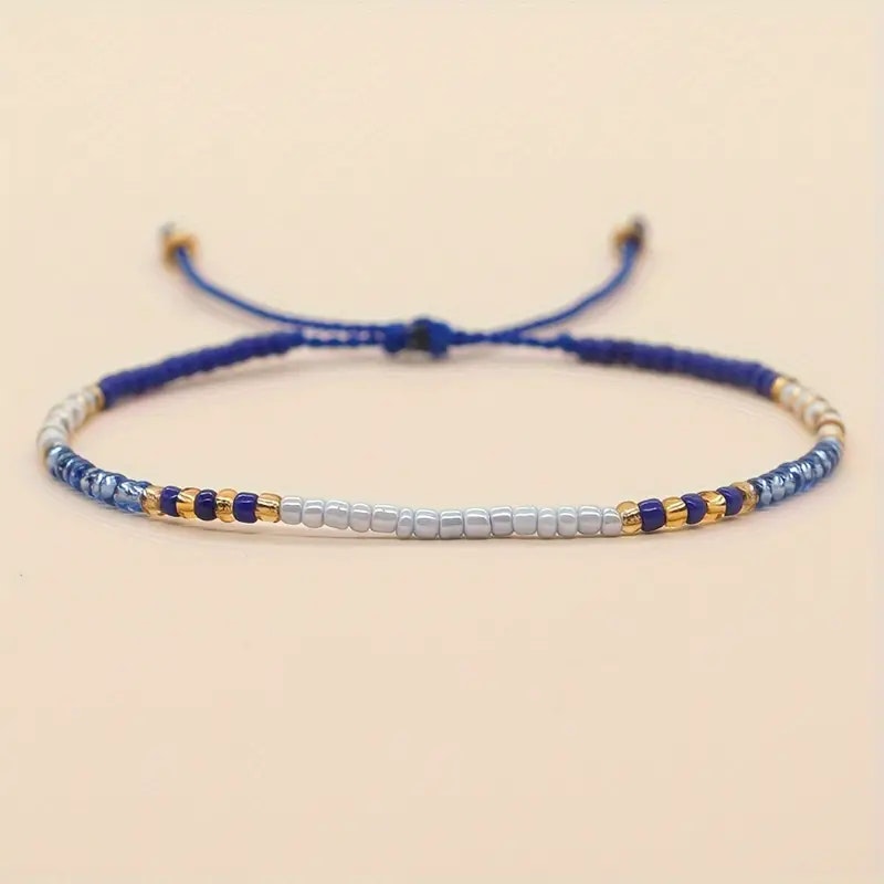 Mini Glass Beads Armbånd - Blå/hvit/gull