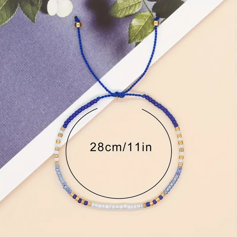 Mini Glass Beads Armbånd - Blå/hvit/gull