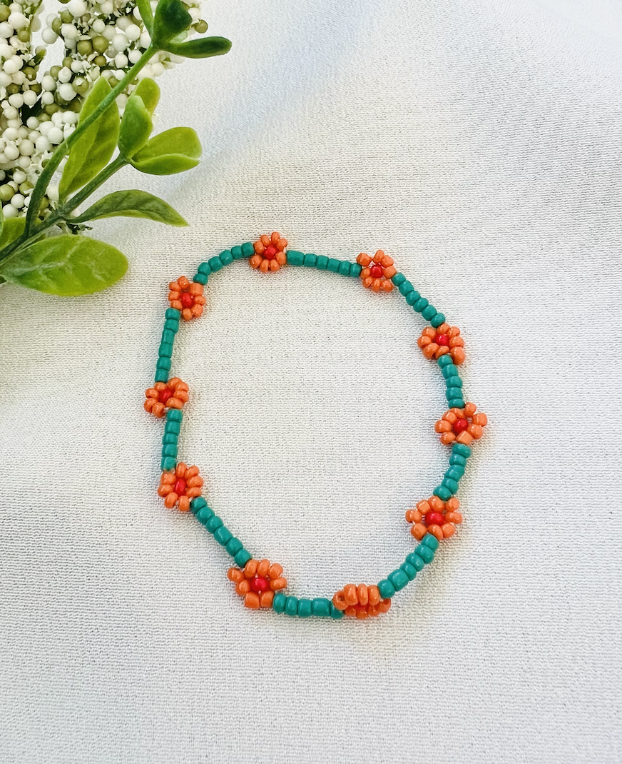 Mini Beads Armbånd - Blomster Turkis