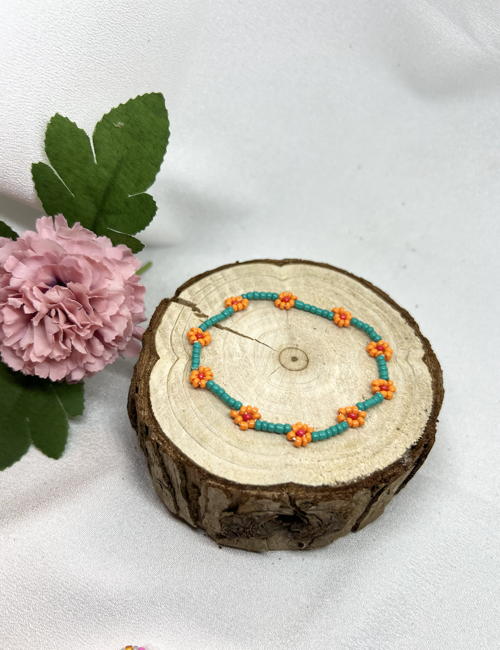 Mini Beads Armbånd - Blomster Turkis