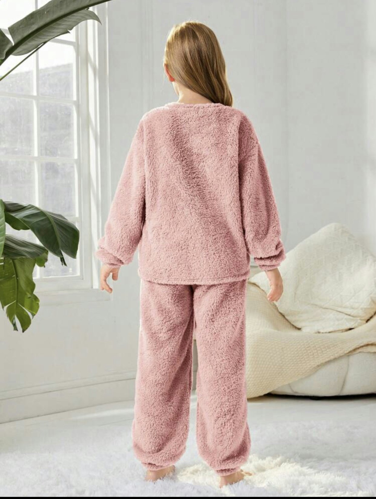 Tween Girls' Letter Embroidery Top And Wide Leg Pants Loose Fit Homewear Set  color Dusty pink 10Y