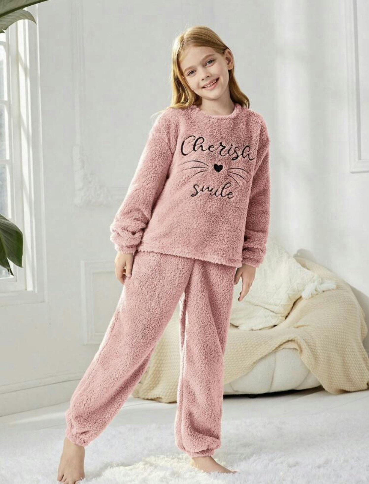 Tween Girls' Letter Embroidery Top And Wide Leg Pants Loose Fit Homewear Set  color Dusty pink 10Y