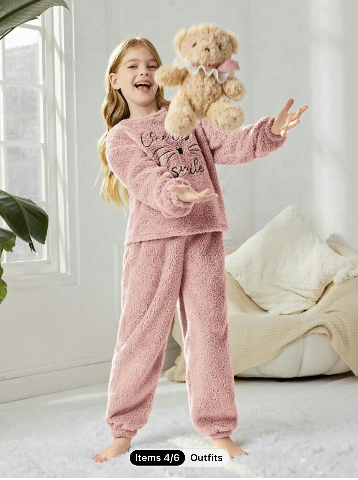 Tween Girls' Letter Embroidery Top And Wide Leg Pants Loose Fit Homewear Set  color Dusty pink 10Y