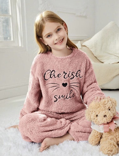 Tween Girls' Letter Embroidery Top And Wide Leg Pants Loose Fit Homewear Set  color Dusty pink 10Y