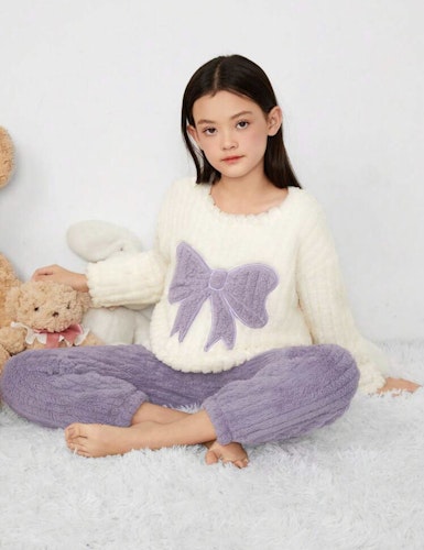 Girls' Butterfly Pattern Round Neck Top And Long Pants Plush Home Wear Set, 2pcs Dusty purple 10Y