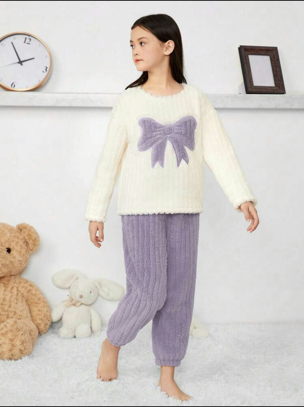 Girls' Butterfly Pattern Round Neck Top And Long Pants Plush Home Wear Set, 2pcs Dusty purple 10Y