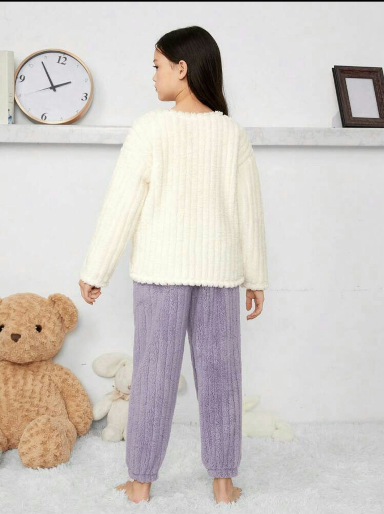 Girls' Butterfly Pattern Round Neck Top And Long Pants Plush Home Wear Set, 2pcs Dusty purple 10Y