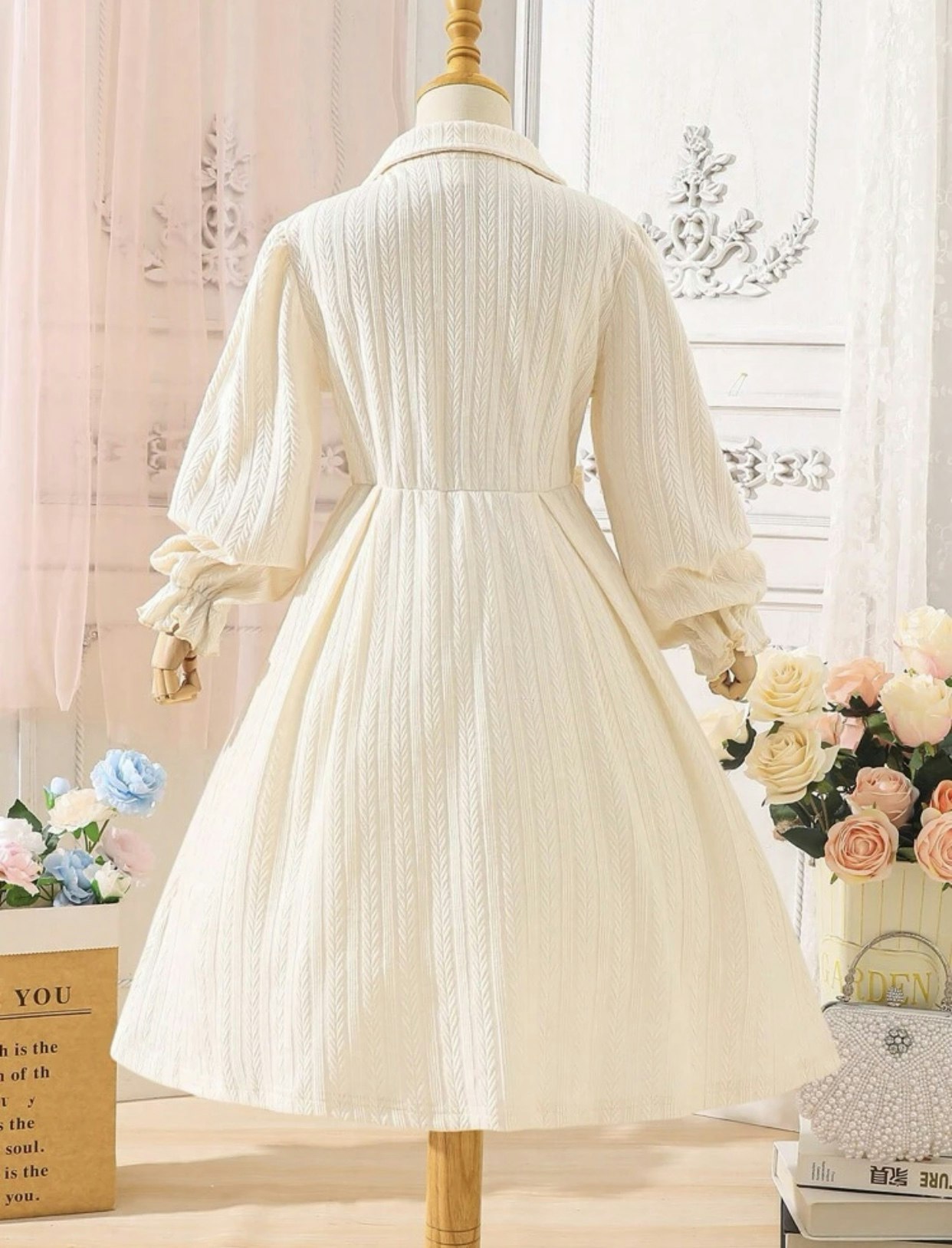 Tween Girl 1pc Bow Front Flare Sleeve Shirt Dress 9Y 128-134