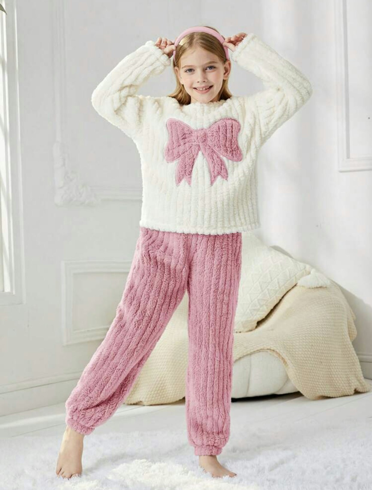 Tween Girl Bow Pattern Flannel Top & Pants PJ Set 10Y 134-140