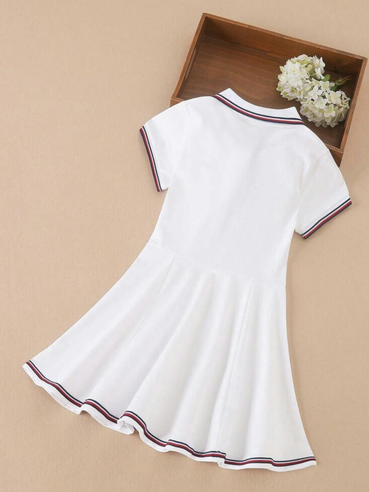 Girls Letter Embroidery Striped Trim Polo Neck Pleated Hem Dress (Size 9Y 128-134)