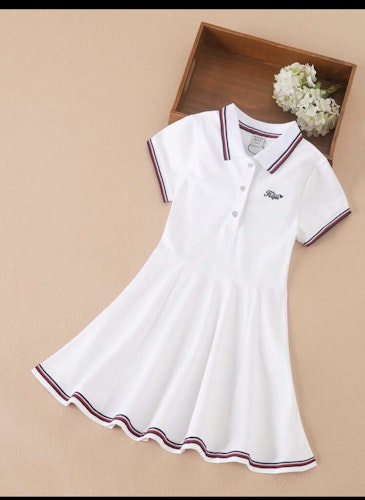 Girls Letter Embroidery Striped Trim Polo Neck Pleated Hem Dress (Size 9Y 128-134)