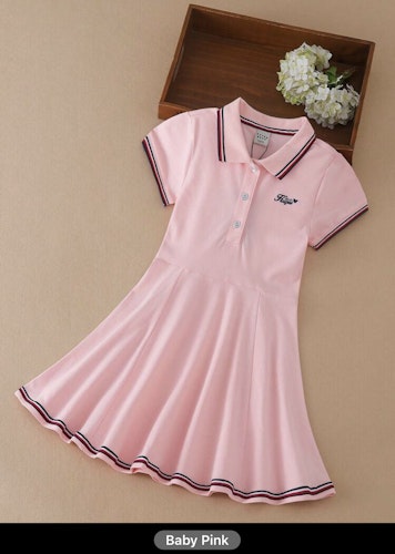 Girls Letter Embroidery Striped Trim Polo Neck Dress (Size 6Y 110-116)