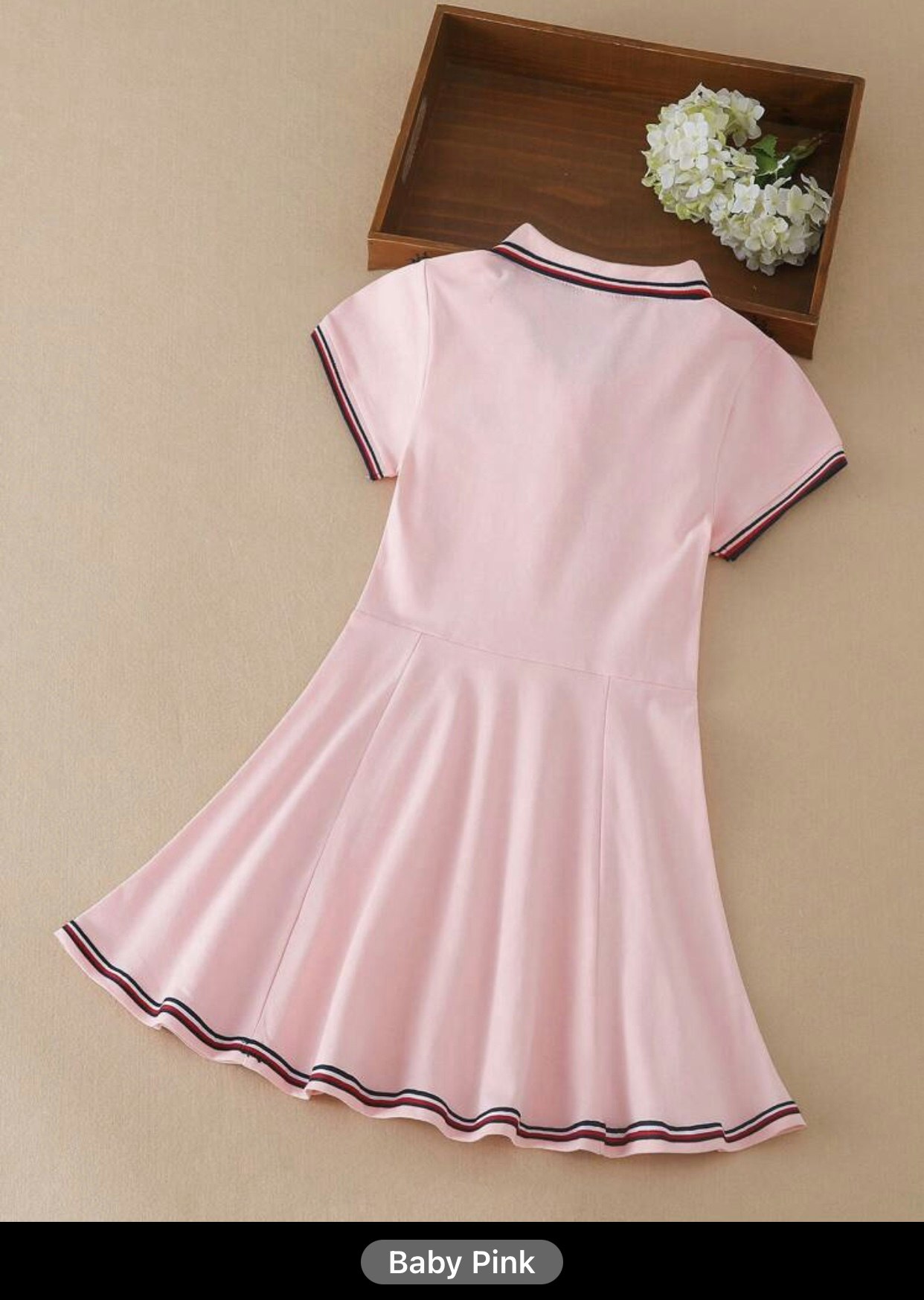 Girls Letter Embroidery Striped Trim Polo Neck Dress (Size 6Y 110-116)