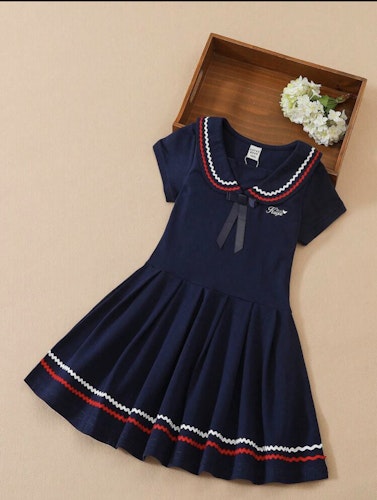 Girls Striped Trim Sailor Collar Pleated Hem Dress (Size 9Y 128-134)