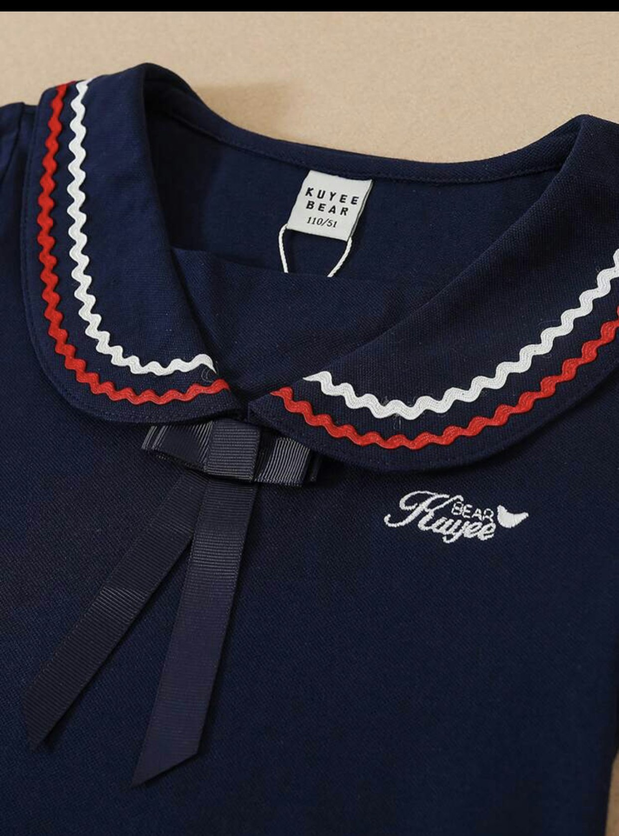 Girls Striped Trim Sailor Collar Pleated Hem Dress (Size 9Y 128-134)