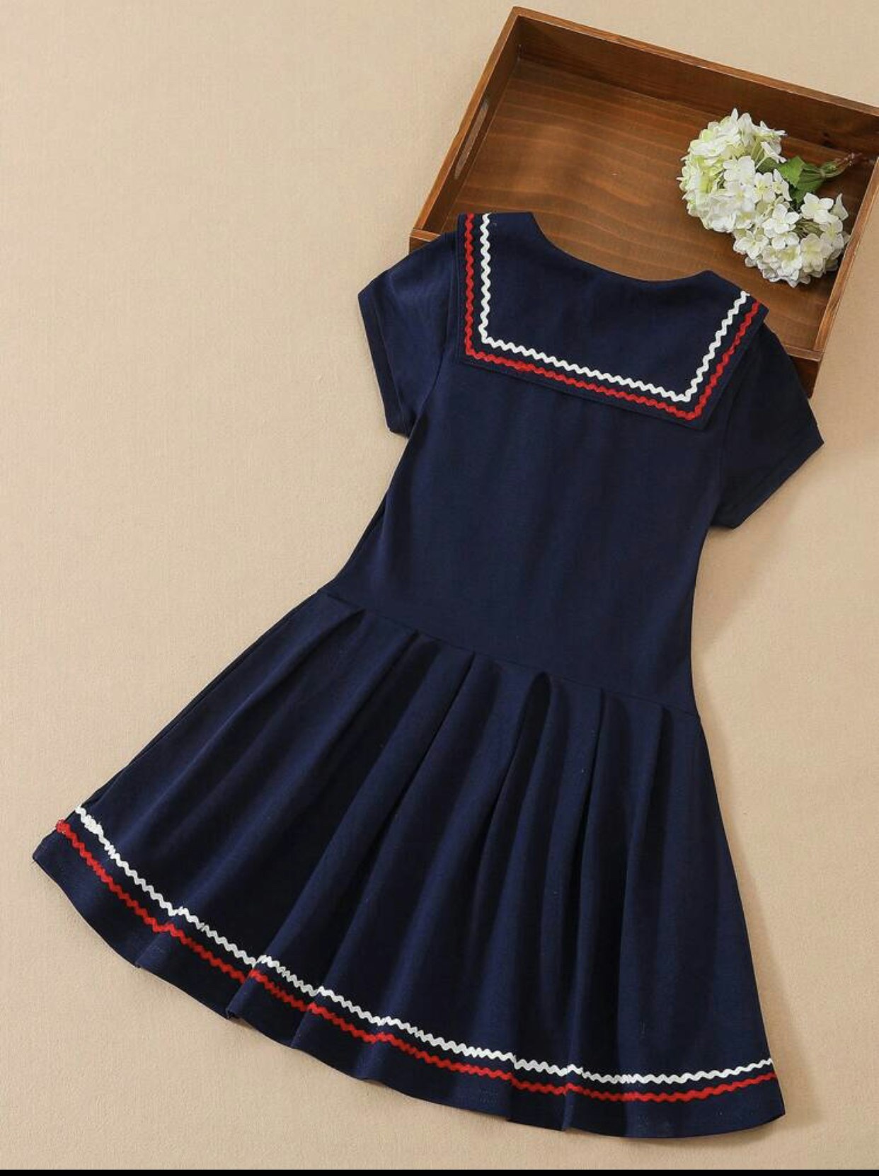 Girls Striped Trim Sailor Collar Pleated Hem Dress (Size 9Y 128-134)