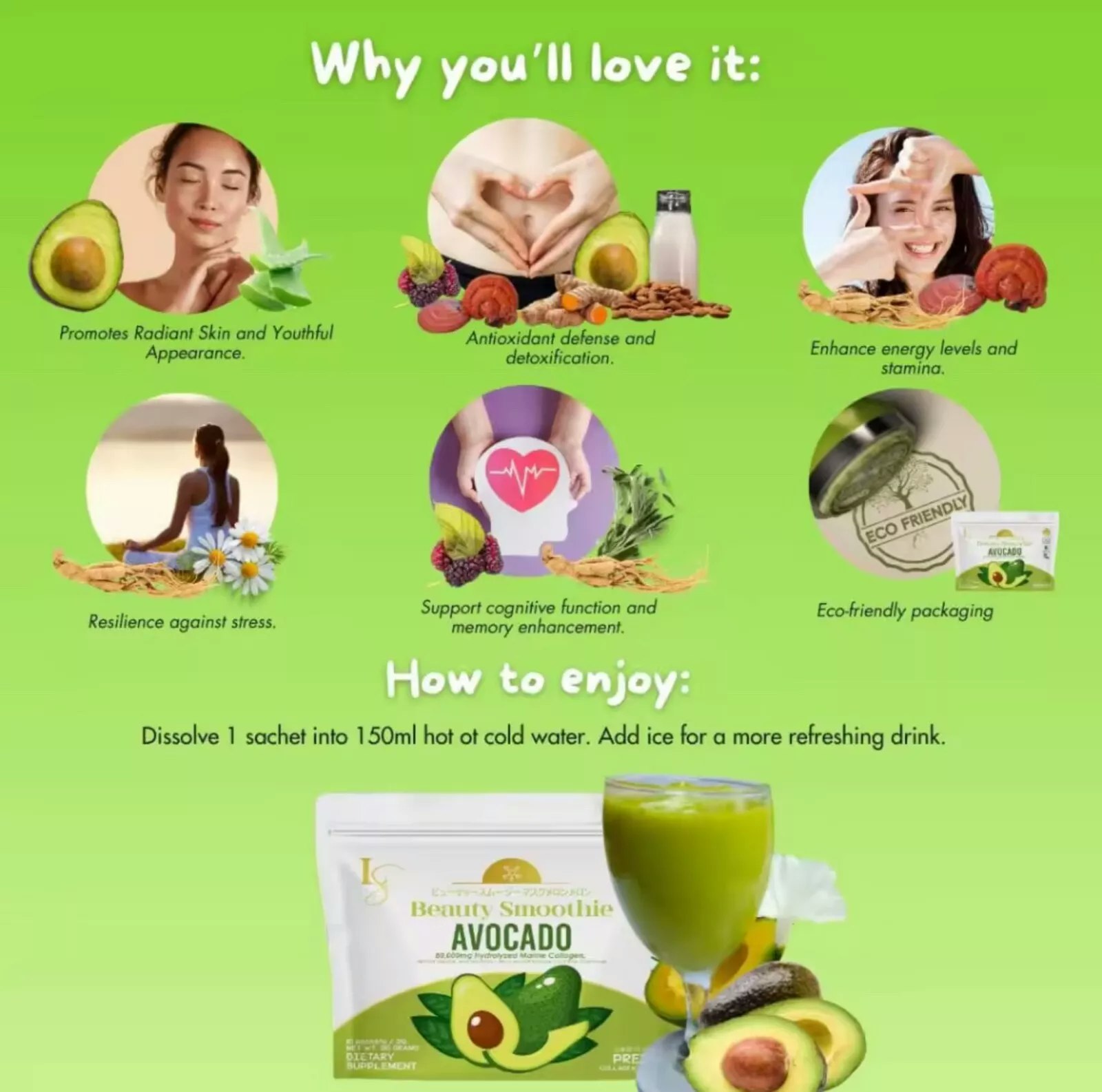 Luxe Slim Avocado Smoothie Kollagendrikk, 10 poser
