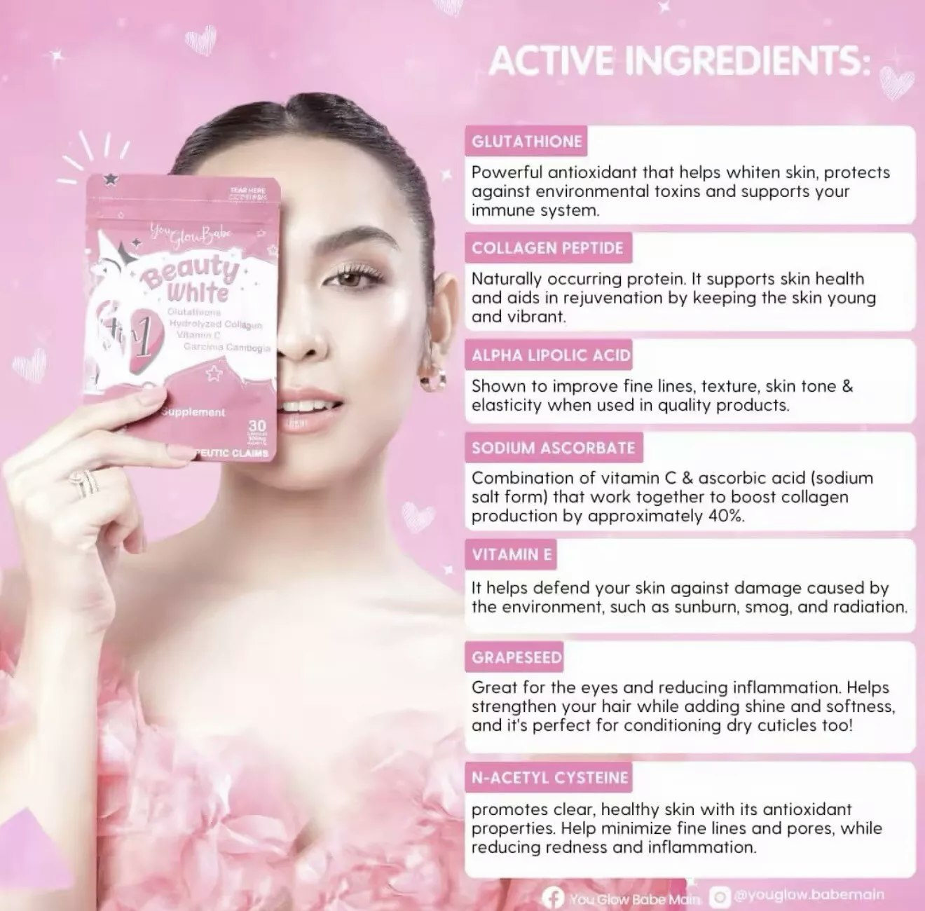 Beauty White 4-i-1 Glutathione 30 kapsler fra You Glow Babe 💯% Autentisk  ( Expiration November 28.2026