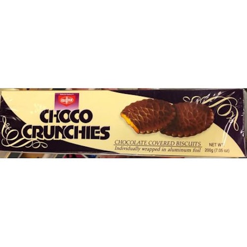 Choco crunchies chocolate covered biscuits Individually wrapped in aluminium foil 200g
