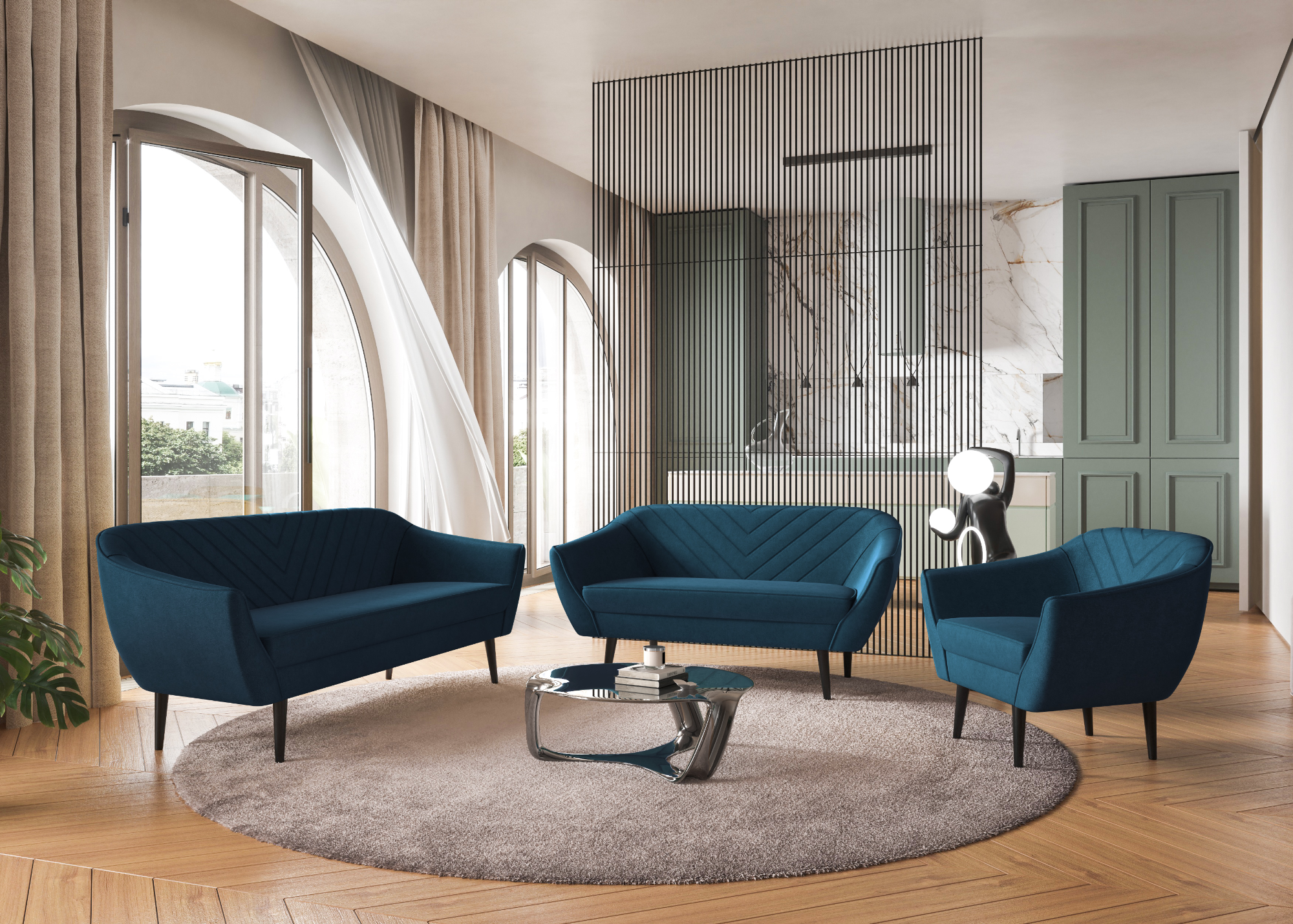 Soffa 3-sits Marinblå sammet - DESIRE