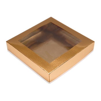 Guld kakor/godis/pralin ask med fönster 18,5x 18,5 x 3,5 cm