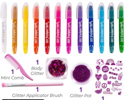 Hårkrita i 12 Färger med Glitter tatueringar + Body Glitter