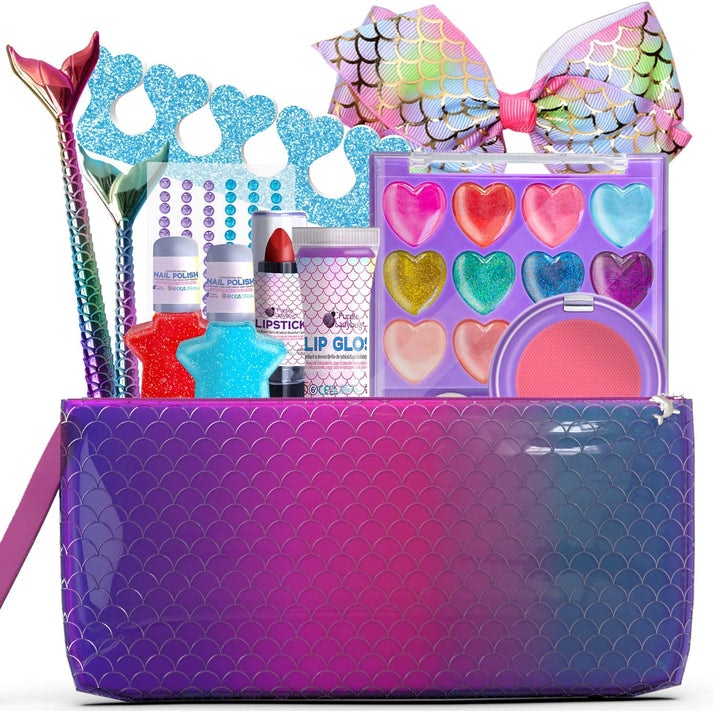 Mermaid Makeup Kit för barn - Säker & tvättbar + kosmetisk väska - Leksaker  och barnvagn
