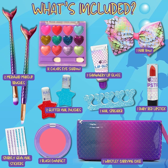 Mermaid Makeup Kit för barn - Säker & tvättbar + kosmetisk väska