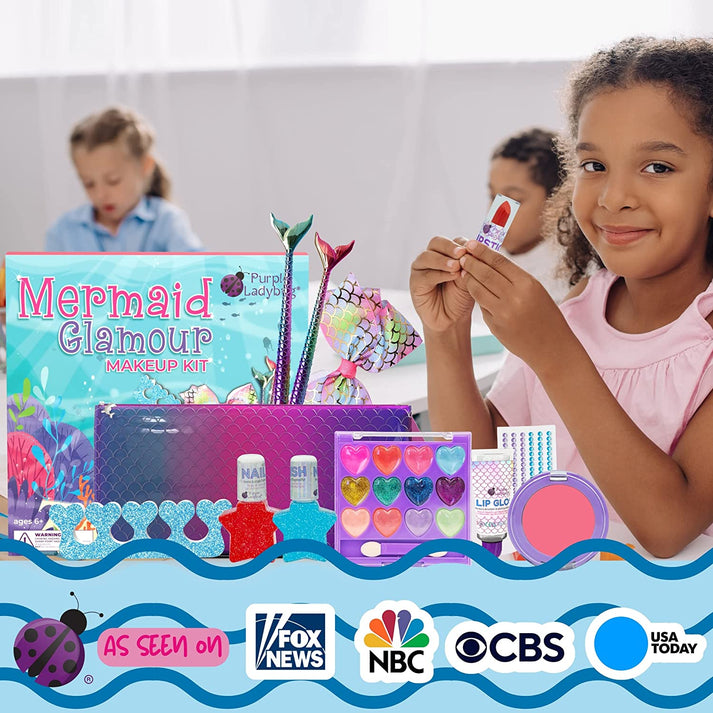Mermaid Makeup Kit för barn - Säker & tvättbar + kosmetisk väska