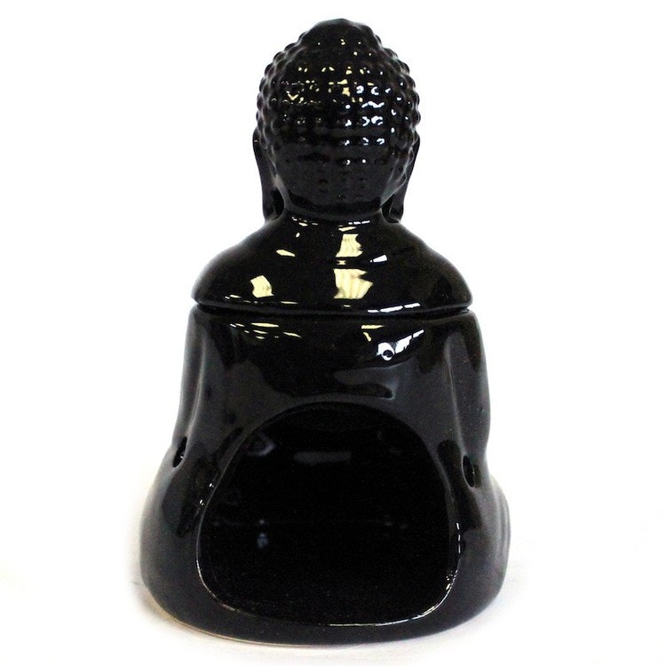 Sittande Buddha Svart keramik, Aromalampa