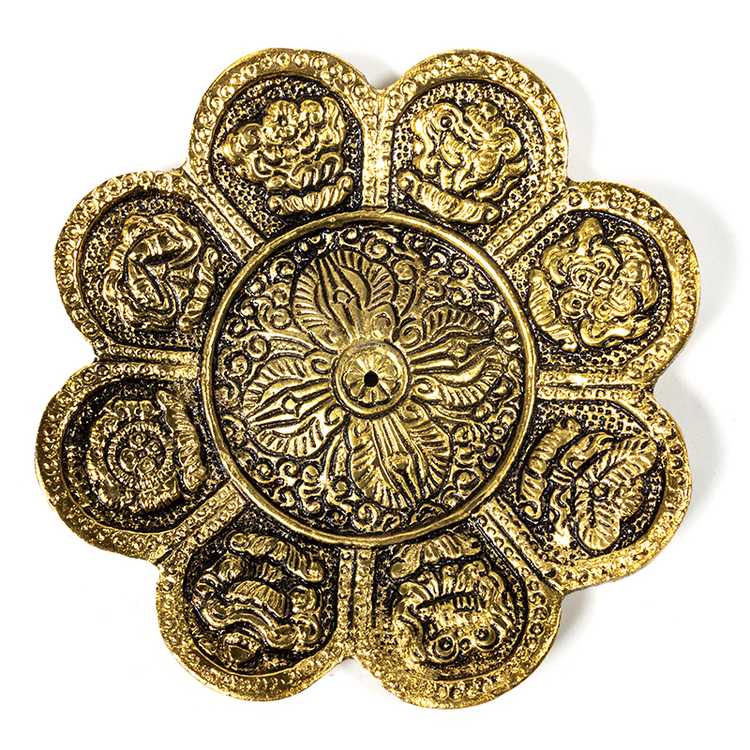 8 buddhistiska auspicious tecken rökelsehållare, gulmetall