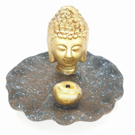 Gyllene Buddhahuvud på brun/blått fat Rökelsehållare