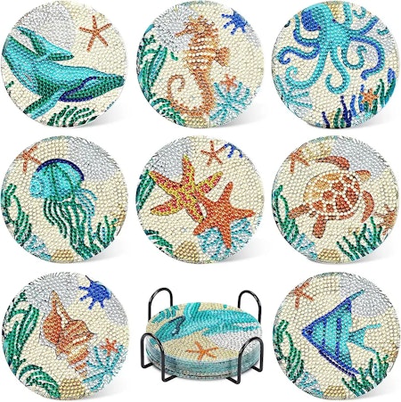 8-pack Diamond Painting Glasunderlägg - Havsdjur
