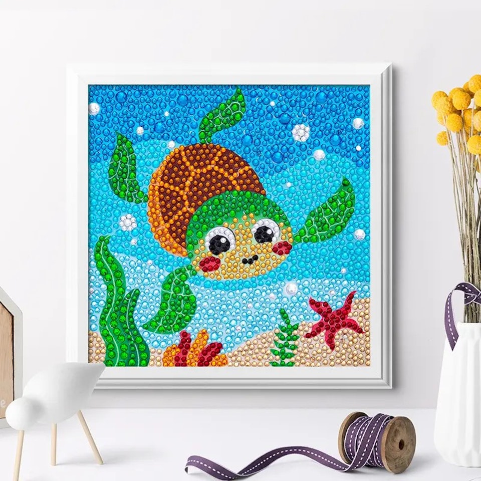 Barntavla, diamond painting, sköldpadda, medföljande träram