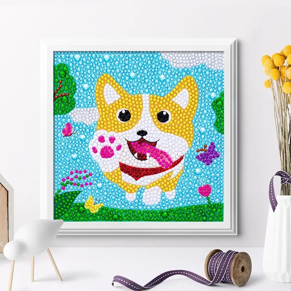 Barntavla, diamond painting, hund, medföljande träram