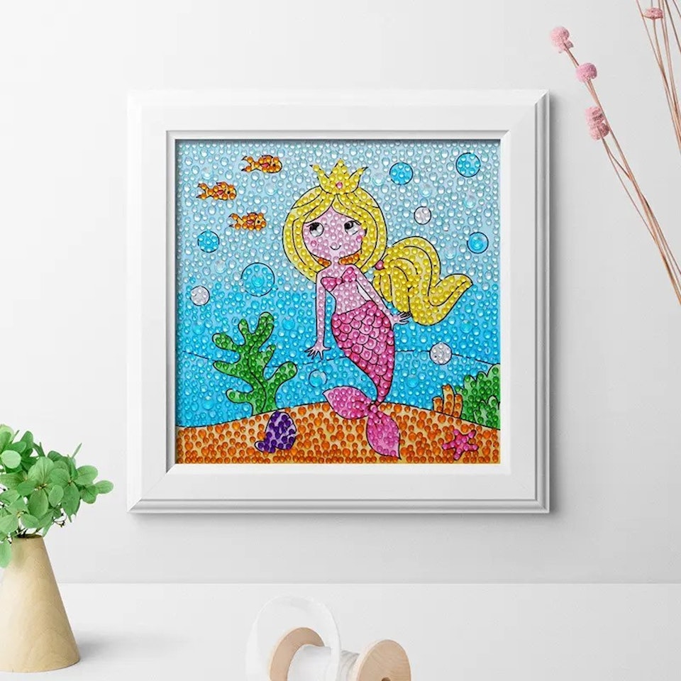 Barntavla, diamond painting, sjöjungfru, medföljande träram